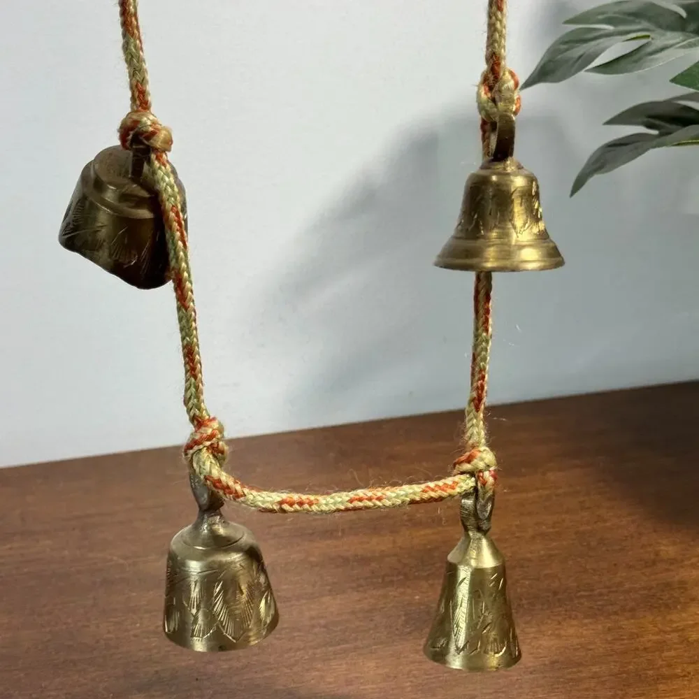 Vintage India Graduated Brass Bells with Knotted Rope Cord Set of 4